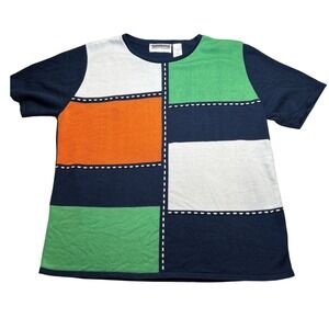 Alfred Dunner Vintage Womens Colorblock Knit Sweater HOLES Navy Blue Green Large